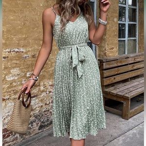 Sage floral knee length pleated dress